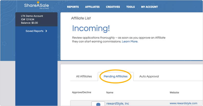Click on the Pending Affiliates tab.