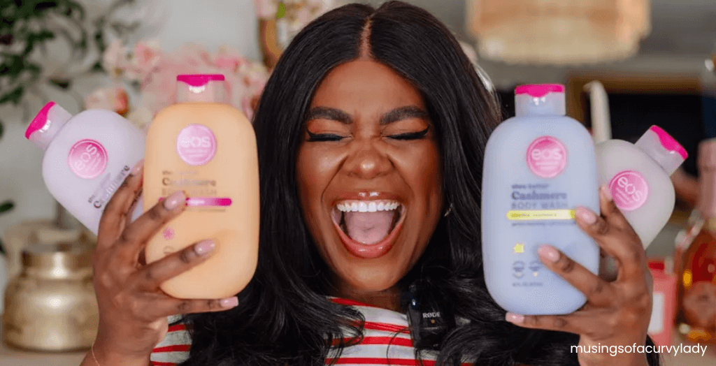 LTK beauty Creator @musingsofacurvylady excitedly shows off her fave @eos body products during a RMN campaign.