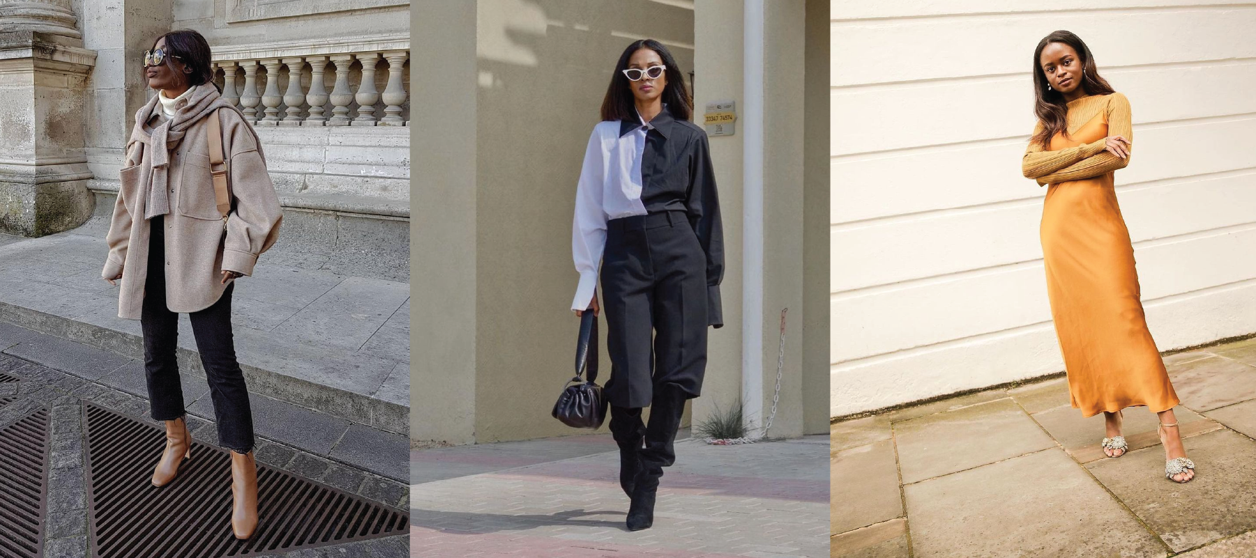 Brand campaign with 3 women creators in fall outfits, featuring layers, color-blocking, and a satin dress with knit accents.
